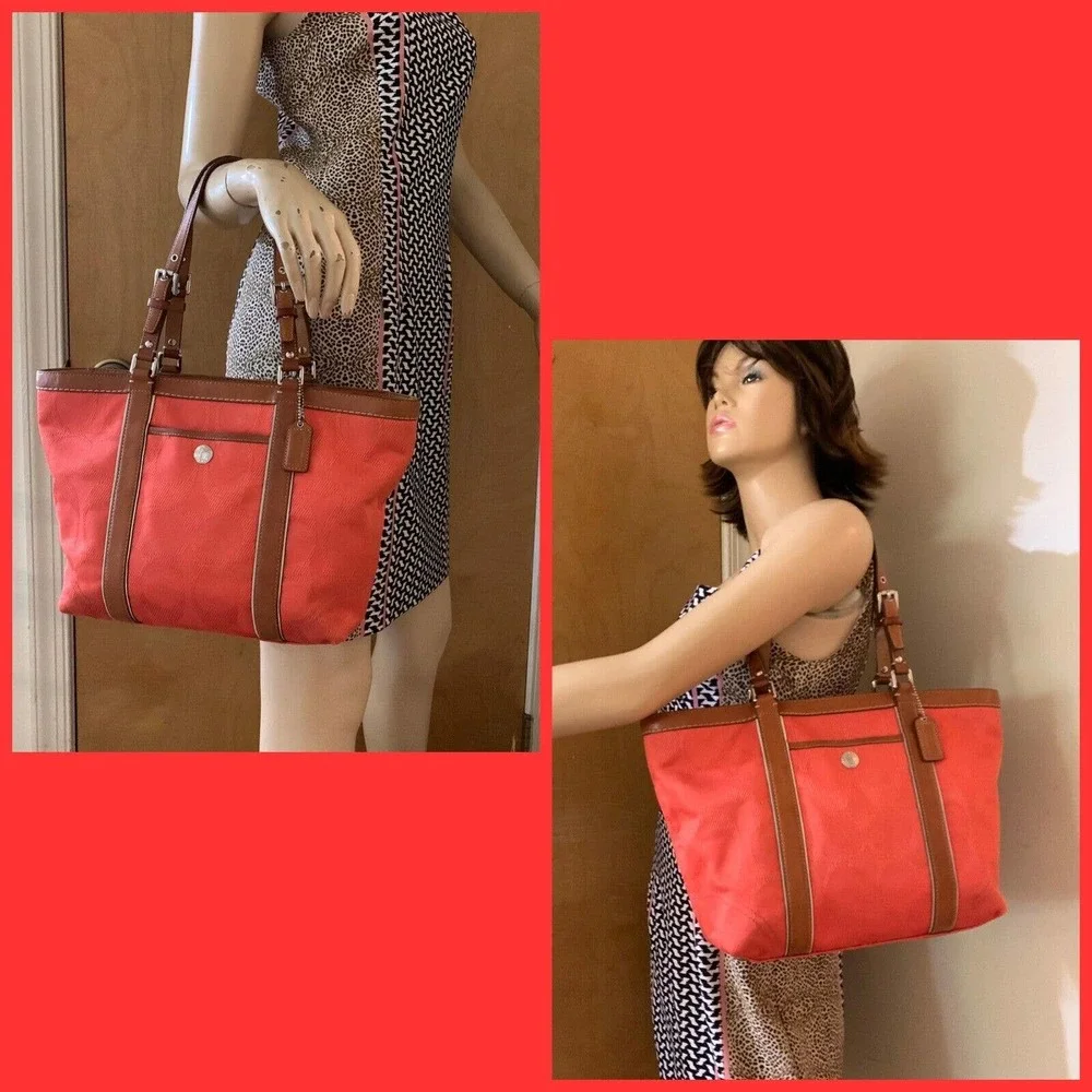 SOLD! COACH Coral Signature Canvas Zip Top Tote w/Brown Leather Trim F13560 - Picture 3 of 12